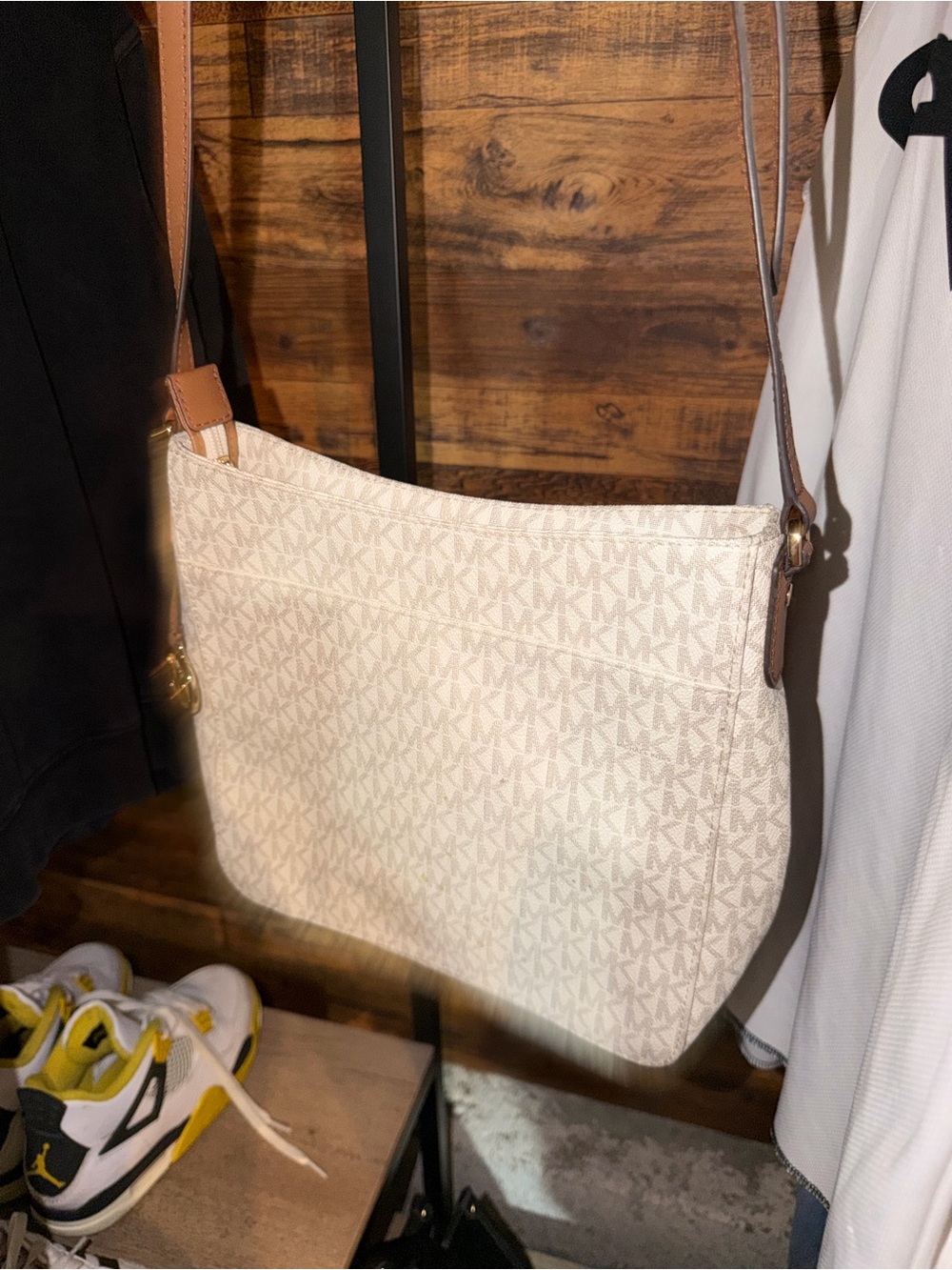 Michael Kors Cream MK Signature Crossbody with Tan Strap - Picture 2 of 3